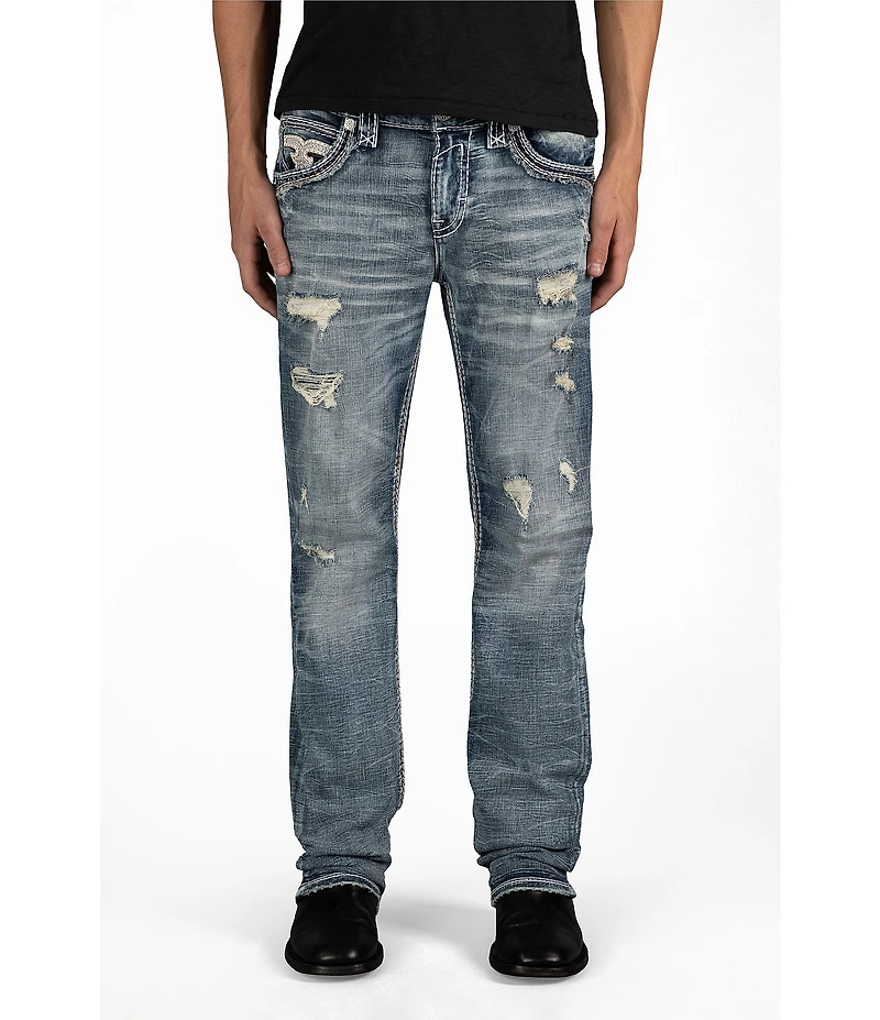 Rock Revival Braylon 32#double; Straight Leg Oversized-Fleur-De-Lis-Embroidered-Pocket Jeans