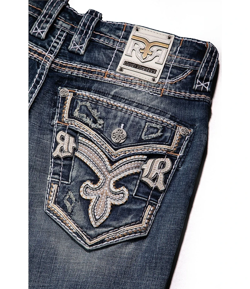 Rock Revival Braylon 32#double; Straight Leg Oversized-Fleur-De-Lis-Embroidered-Pocket Jeans