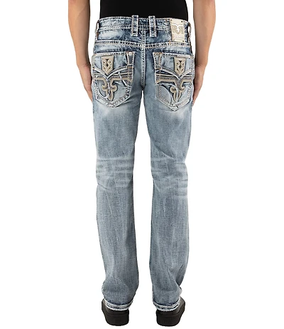 Rock Revival Emiliano Fleur-de-Lis Straight Leg Distressed Jeans