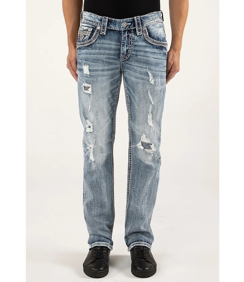 Rock Revival Emiliano Fleur-de-Lis Straight Leg Distressed Jeans