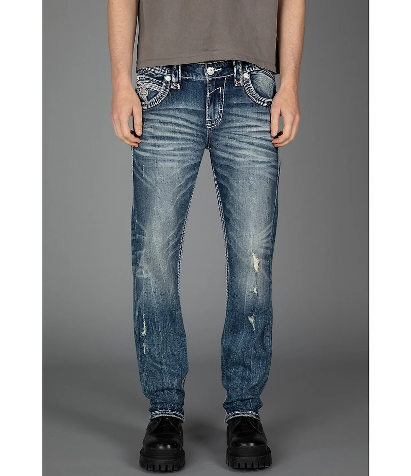 Rock Revival Isaiah Fleur-de-Lis Straight Leg Distressed Jeans