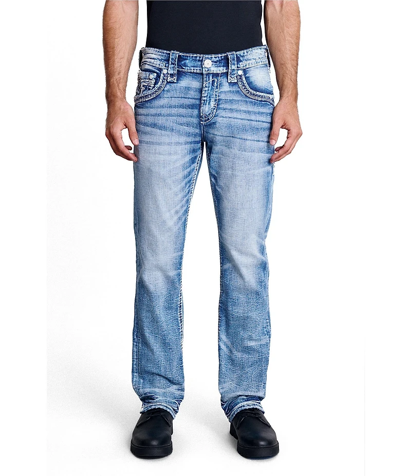 Rock Revival Reece 32#double; Straight Leg Fleur-De-Lis-Overlay Pocketed Jeans