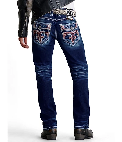 Rock Revival 32#double; Straight Jim Dark Vintage Wash Red Stitch Pocket Jeans