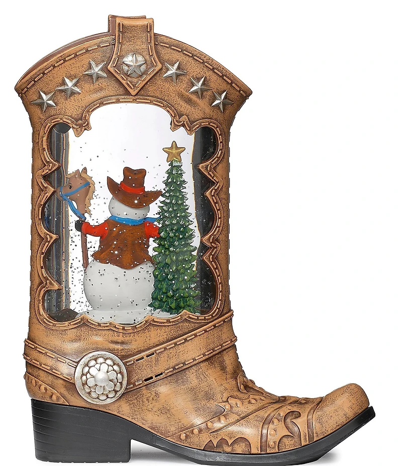 Roman 10.2#double;H Cowboy Boot Lighted Lantern With A Western Snowman In Swirling Glitter Tabletop Decor