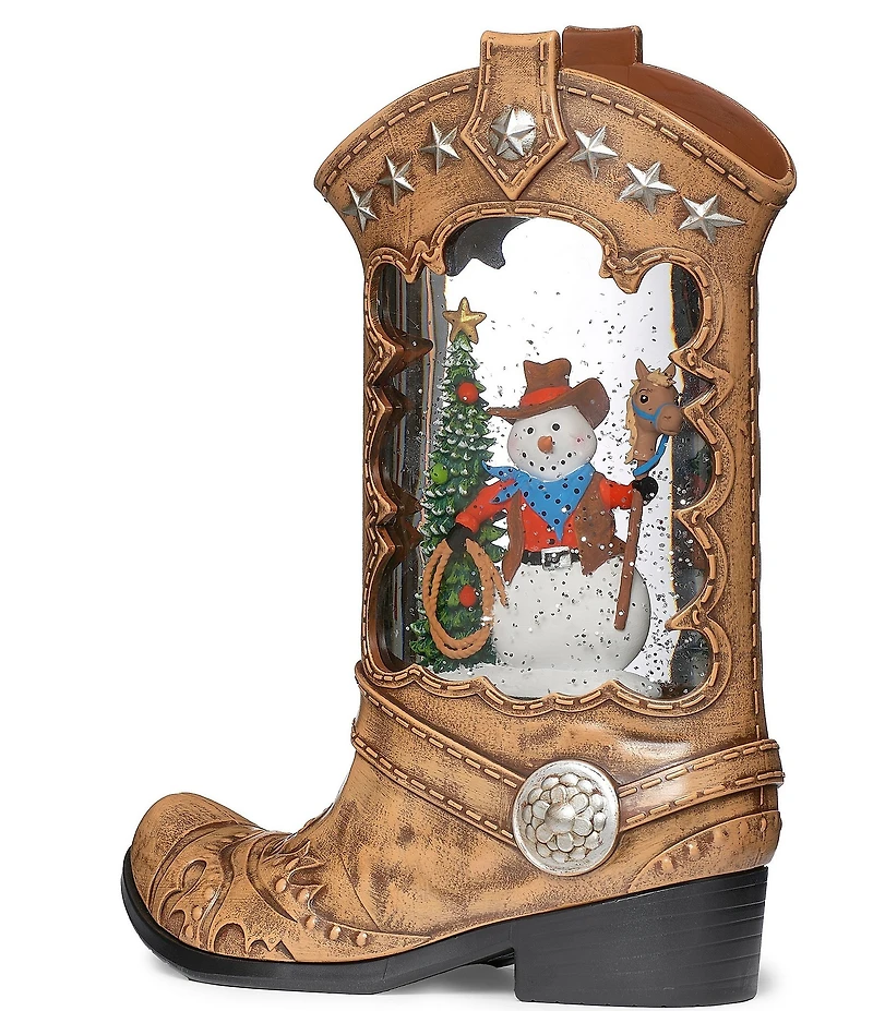Roman 10.2#double;H Cowboy Boot Lighted Lantern With A Western Snowman In Swirling Glitter Tabletop Decor