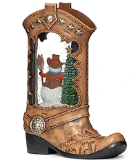 Roman 10.2#double;H Cowboy Boot Lighted Lantern With A Western Snowman In Swirling Glitter Tabletop Decor