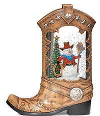 Roman 10.2#double;H Cowboy Boot Lighted Lantern With A Western Snowman In Swirling Glitter Tabletop Decor