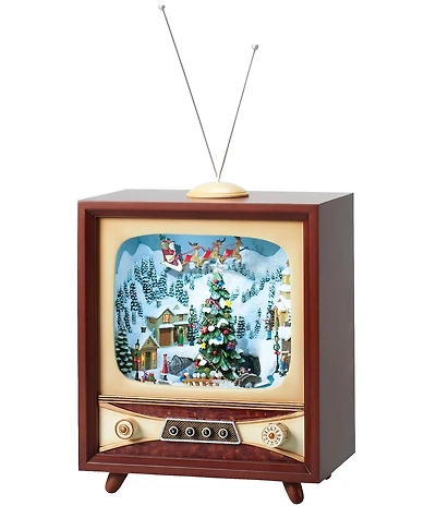 Roman Lighted Musical Retro TV Santa Flying Over Village with Rotating Skaters