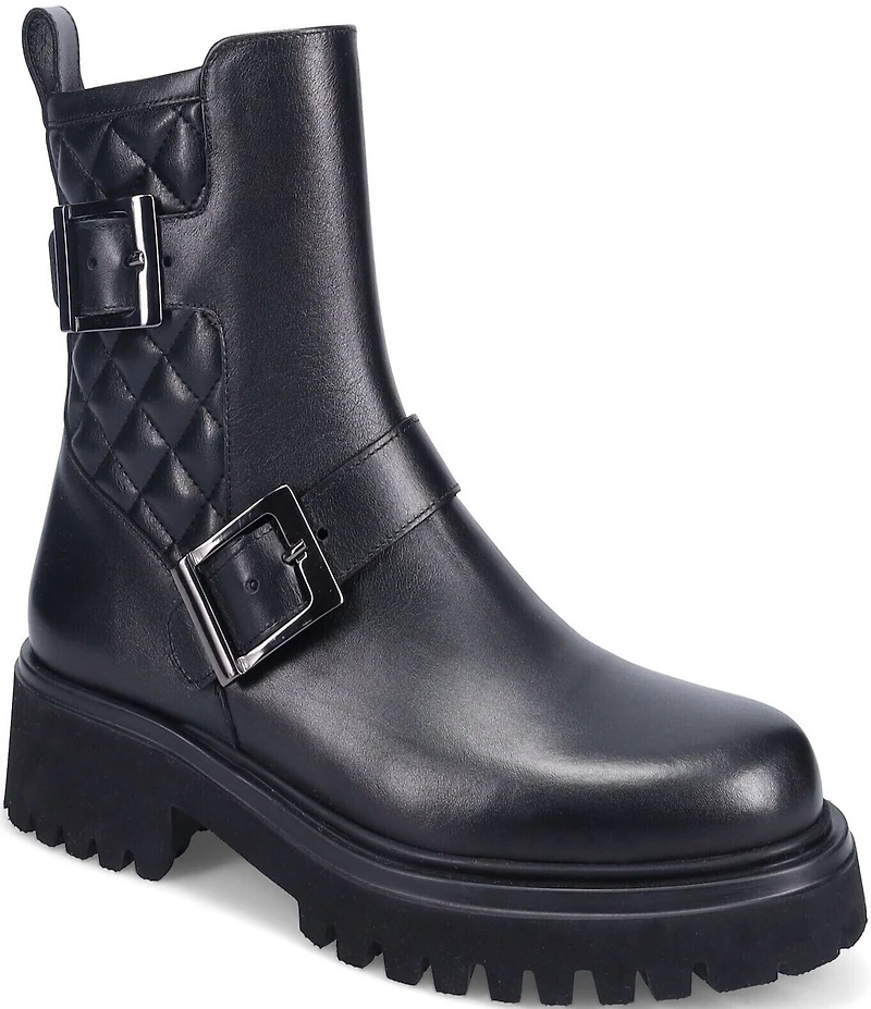 Ron White Francine Quilted Leather Buckle Hardware Moto Booties