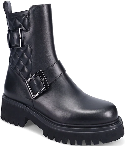 Ron White Francine Quilted Leather Buckle Hardware Moto Booties