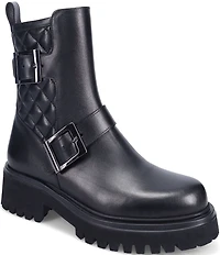 Ron White Francine Quilted Leather Buckle Hardware Moto Booties