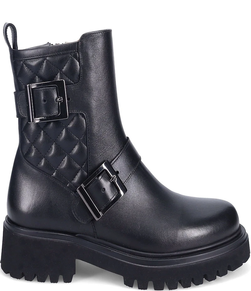 Ron White Francine Quilted Leather Buckle Hardware Moto Booties