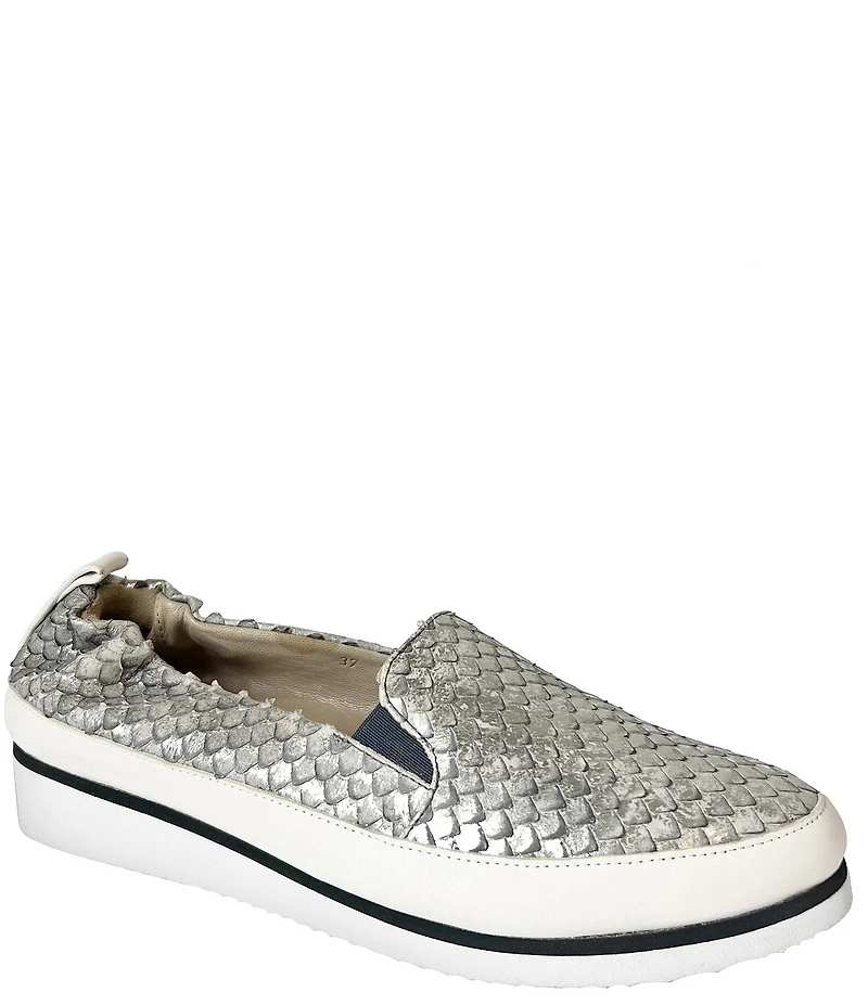 Ron White Nell Metallic Leather Lizard Embossed Wedge Platform Slip On Sneakers