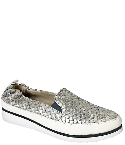 Ron White Nell Metallic Leather Lizard Embossed Wedge Platform Slip On Sneakers