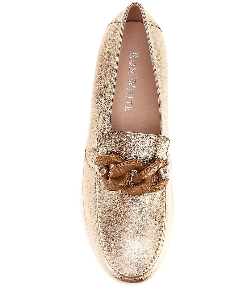 Ron White Zafira Metallic Leather Chain Hardware Platform Wedge Loafers