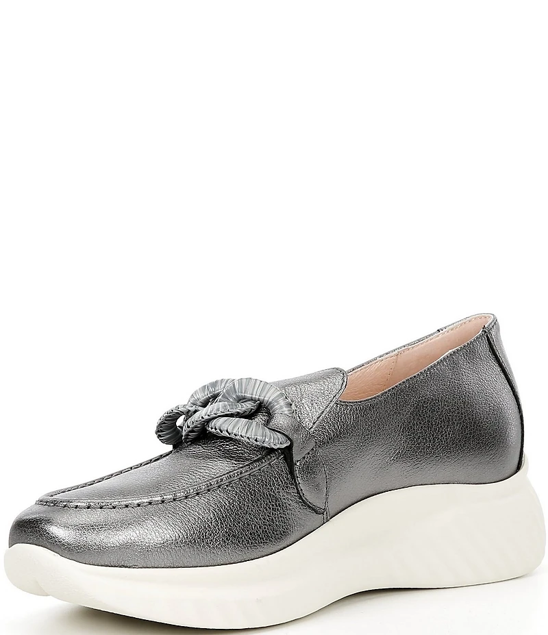 Ron White Zafira Metallic Leather Chain Hardware Platform Wedge Loafers