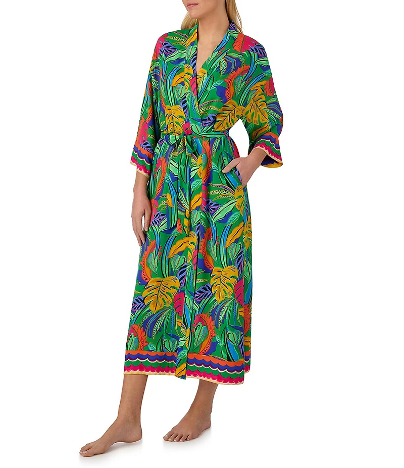 Room Service Ava Tropical Leaf 3/4 Sleeve Woven Long Robe