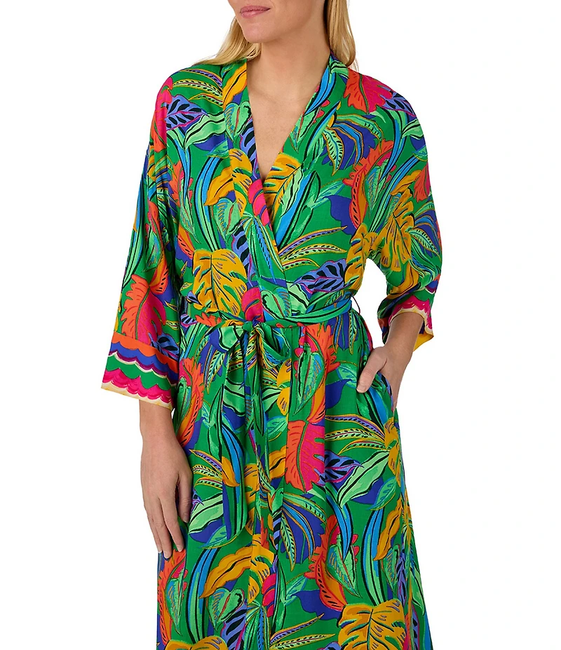 Room Service Ava Tropical Leaf 3/4 Sleeve Woven Long Robe