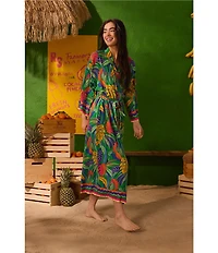 Room Service Ava Tropical Leaf 3/4 Sleeve Woven Long Robe