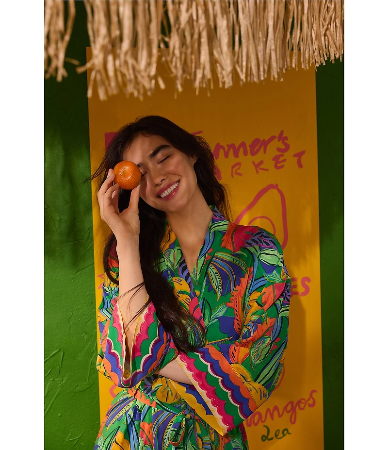 Room Service Ava Tropical Leaf 3/4 Sleeve Woven Long Robe