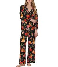 Room Service Black Ground Floral Print Long Sleeve Notch Collar Jersey Knit Long Pajama Set