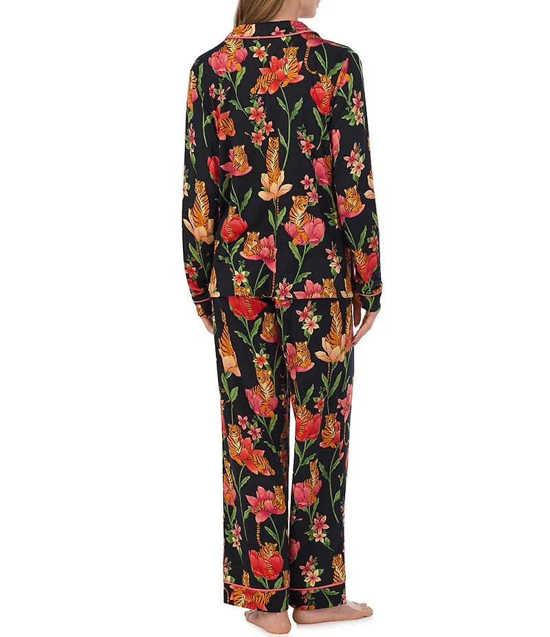 Room Service Black Ground Floral Print Long Sleeve Notch Collar Jersey Knit Long Pajama Set