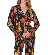 Room Service Black Ground Floral Print Long Sleeve Notch Collar Jersey Knit Long Pajama Set