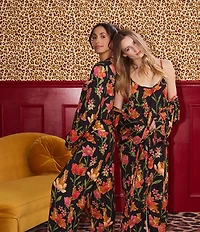 Room Service Black Ground Floral Print Long Sleeve Notch Collar Jersey Knit Long Pajama Set