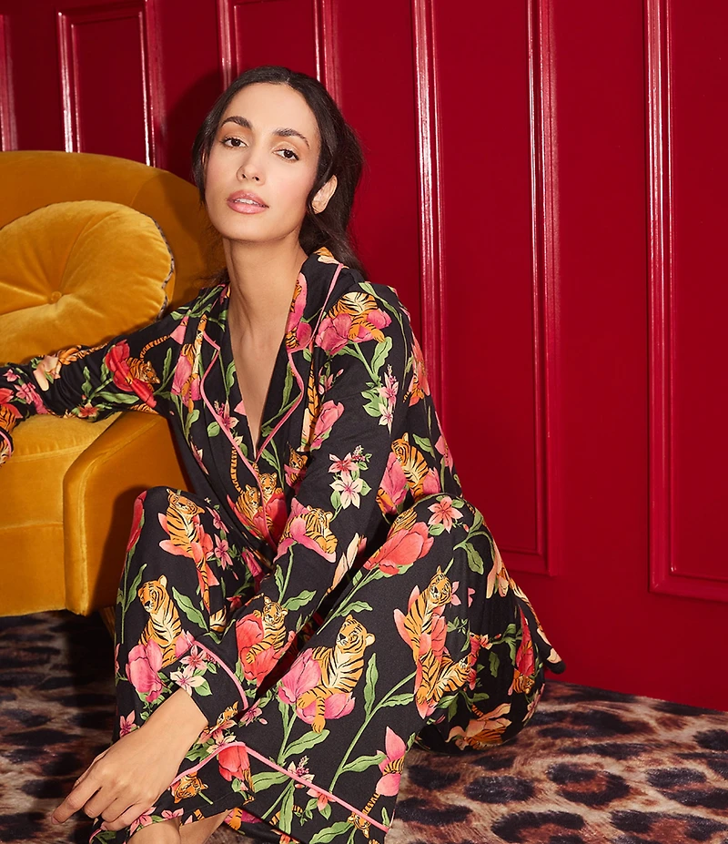 Room Service Black Ground Floral Print Long Sleeve Notch Collar Jersey Knit Long Pajama Set