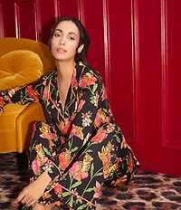 Room Service Black Ground Floral Print Long Sleeve Notch Collar Jersey Knit Long Pajama Set