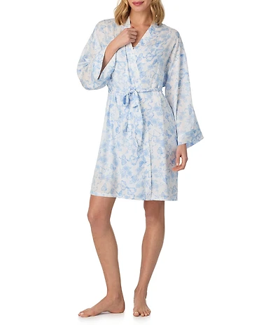 Room Service Butterflies & Bows Print 3/4 Sleeve Woven Coordinating Short Wrap Robe