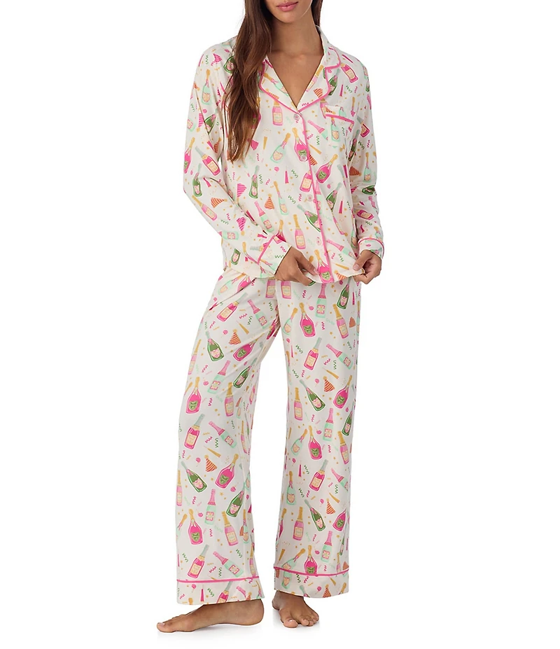 Room Service Champagne Print Long Sleeve Notch Collar Knit Long Pajama Set