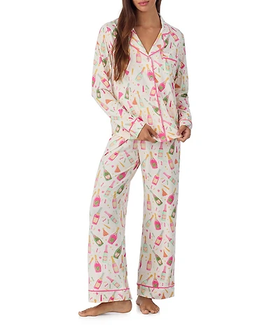 Room Service Champagne Print Long Sleeve Notch Collar Knit Long Pajama Set