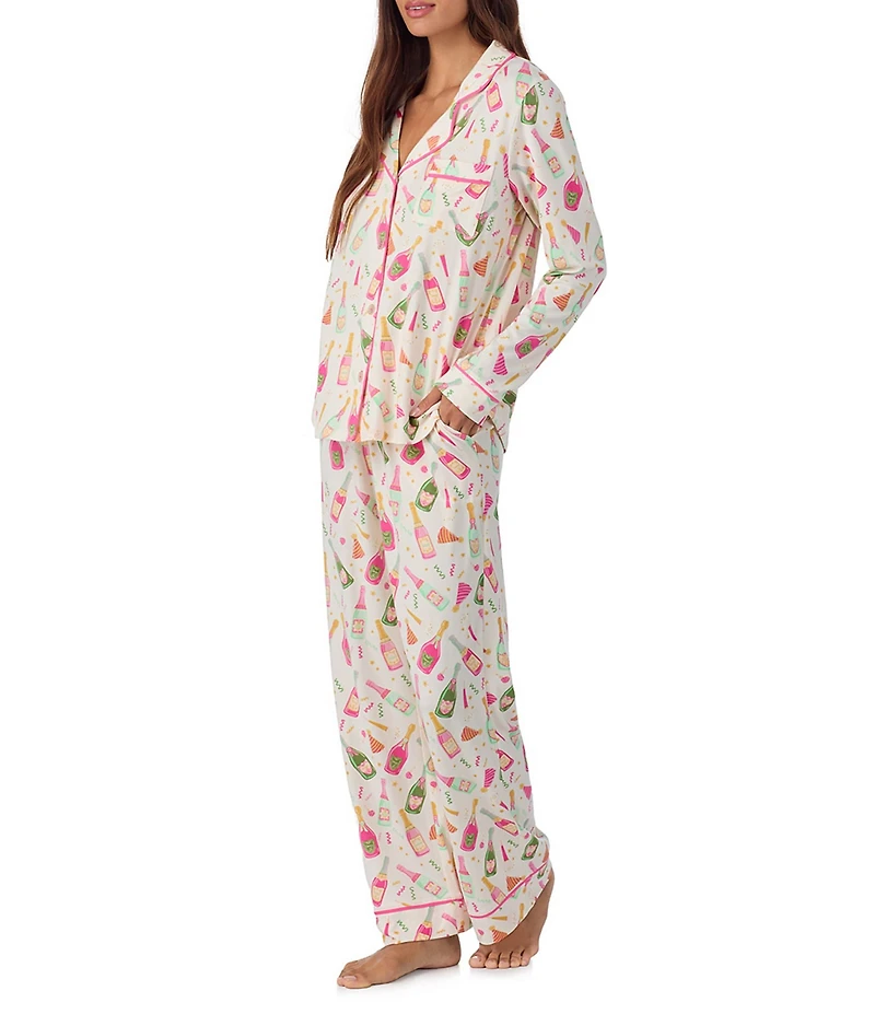 Room Service Champagne Print Long Sleeve Notch Collar Knit Long Pajama Set