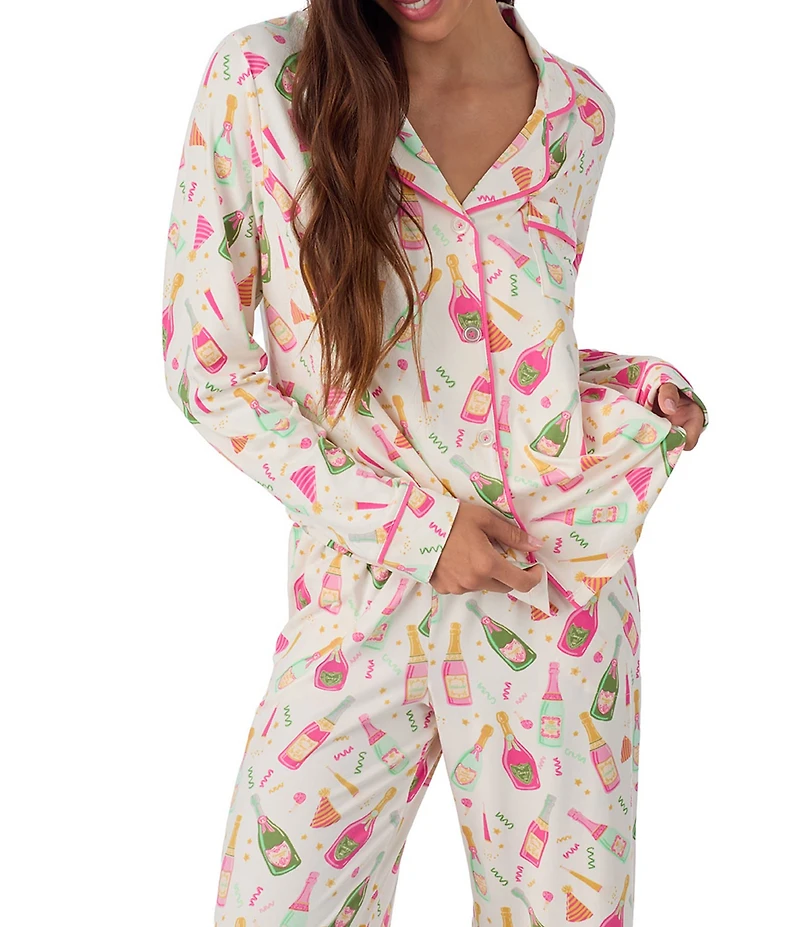 Room Service Champagne Print Long Sleeve Notch Collar Knit Long Pajama Set