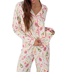 Room Service Champagne Print Long Sleeve Notch Collar Knit Long Pajama Set
