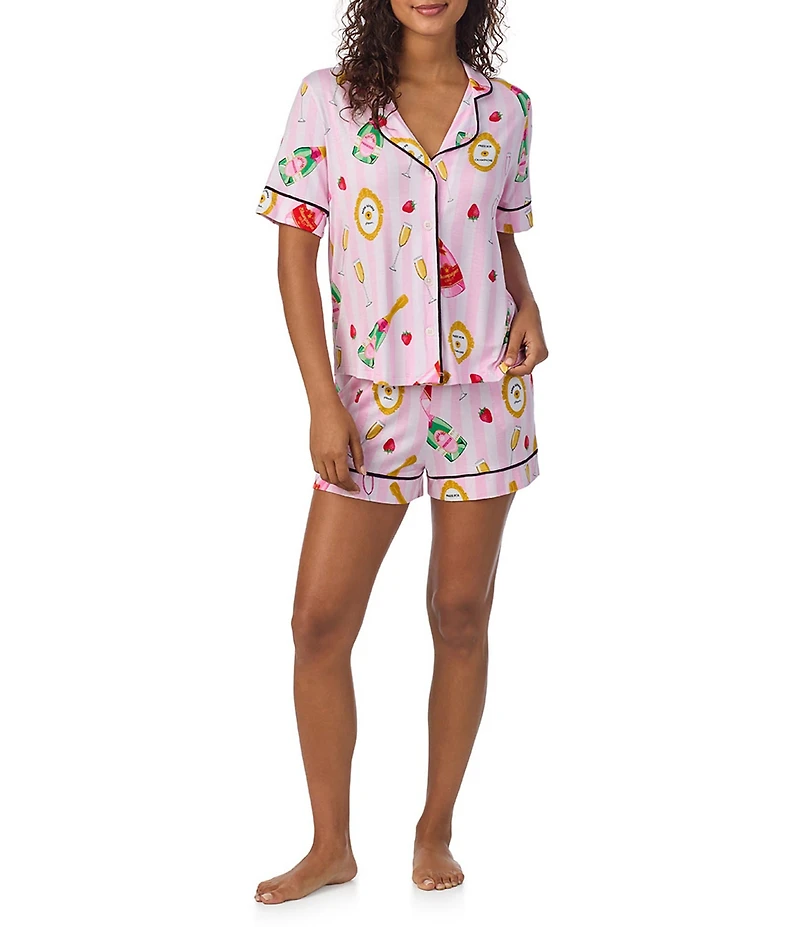 Room Service Champagne Suite Print Short Sleeve Notch Collar Knit Shorty Pajama Set