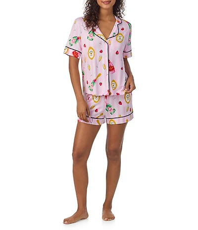 Room Service Champagne Suite Print Short Sleeve Notch Collar Knit Shorty Pajama Set