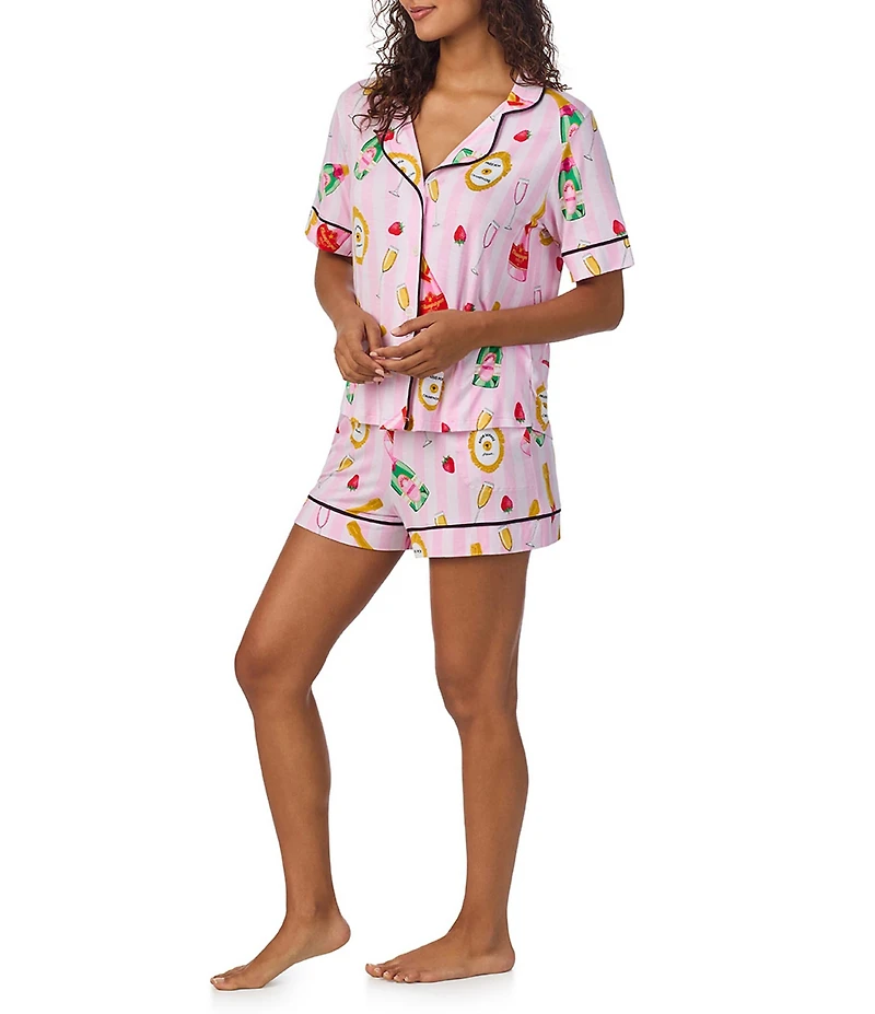 Room Service Champagne Suite Print Short Sleeve Notch Collar Knit Shorty Pajama Set