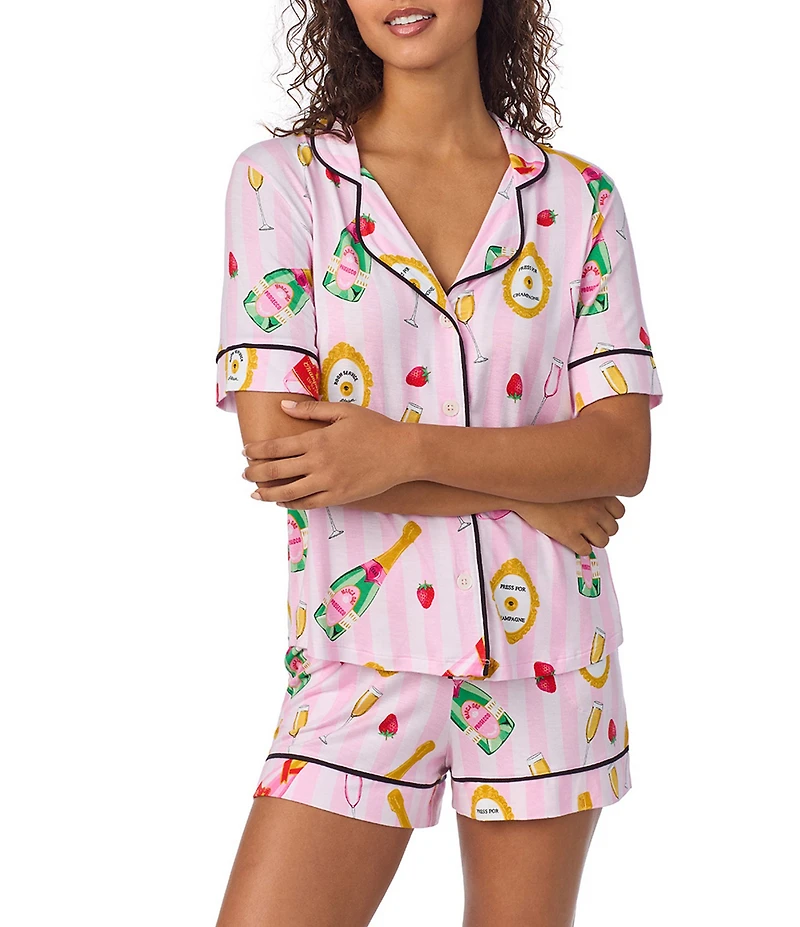 Room Service Champagne Suite Print Short Sleeve Notch Collar Knit Shorty Pajama Set