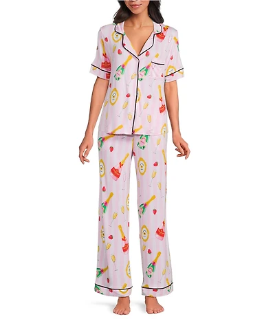 Room Service Champagne Suite Short Sleeve Notch Collar Long Knit Pajama Set