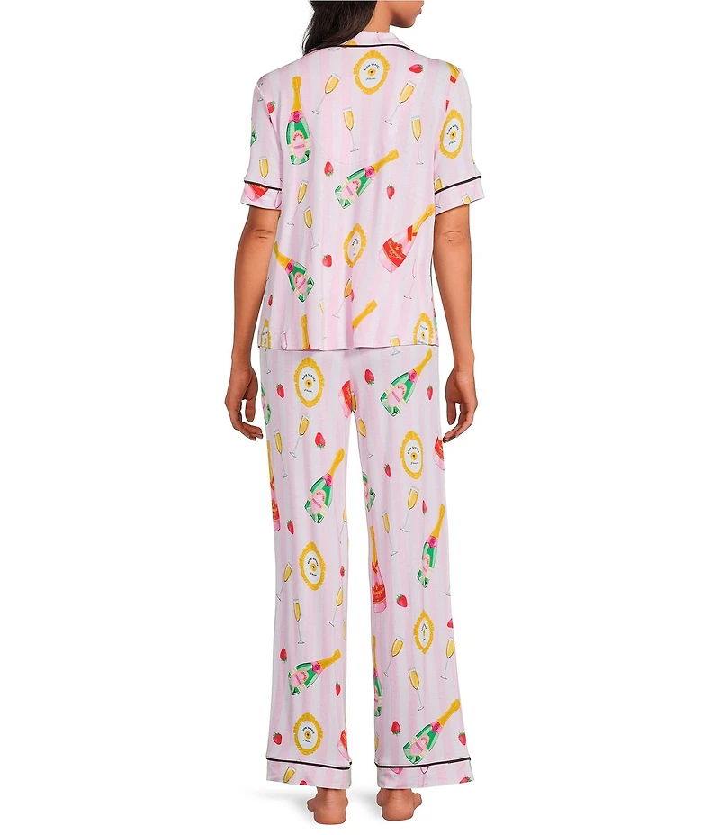 Room Service Champagne Suite Short Sleeve Notch Collar Long Knit Pajama Set