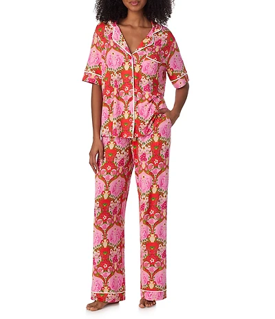 Room Service Cheeky Chimps Short Sleeve Notch Collar Jersey Knit Long Pajama Set