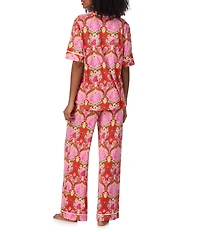 Room Service Cheeky Chimps Short Sleeve Notch Collar Jersey Knit Long Pajama Set