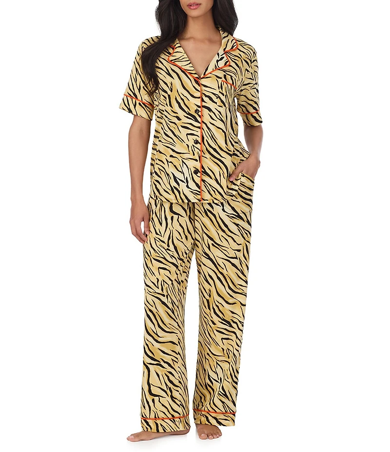 Room Service Cheetah Chic Print Short Sleeve Notch Collar Jersey Knit Pajama Set