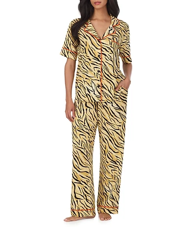 Room Service Cheetah Chic Print Short Sleeve Notch Collar Jersey Knit Pajama Set