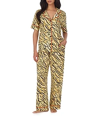 Room Service Cheetah Chic Print Short Sleeve Notch Collar Jersey Knit Pajama Set
