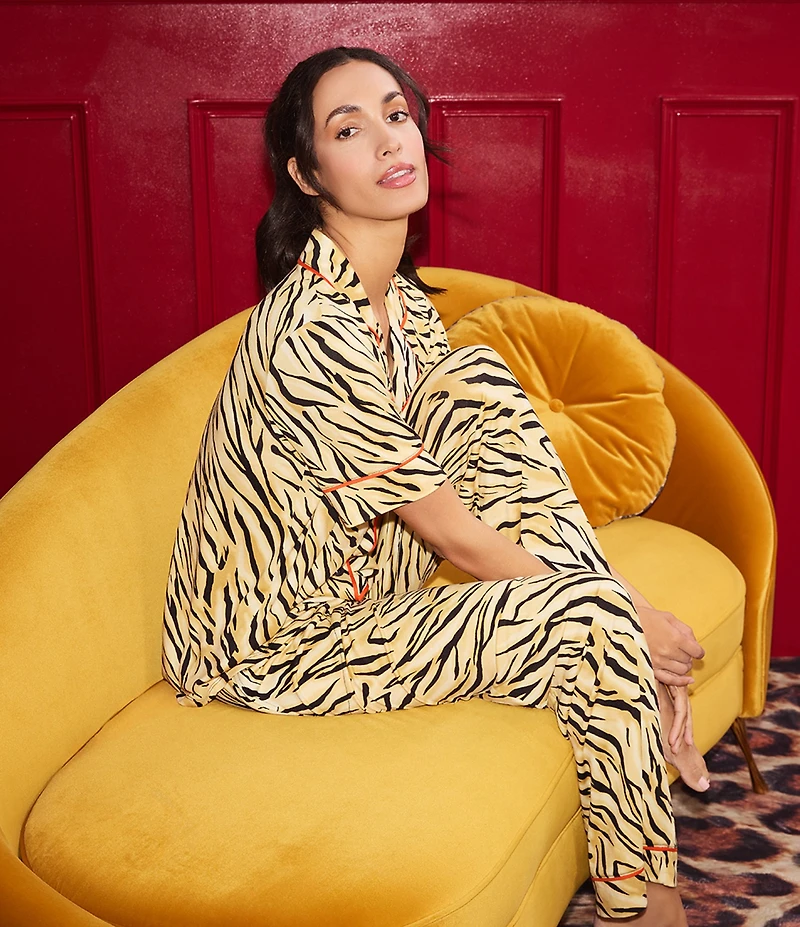 Room Service Cheetah Chic Print Short Sleeve Notch Collar Jersey Knit Pajama Set