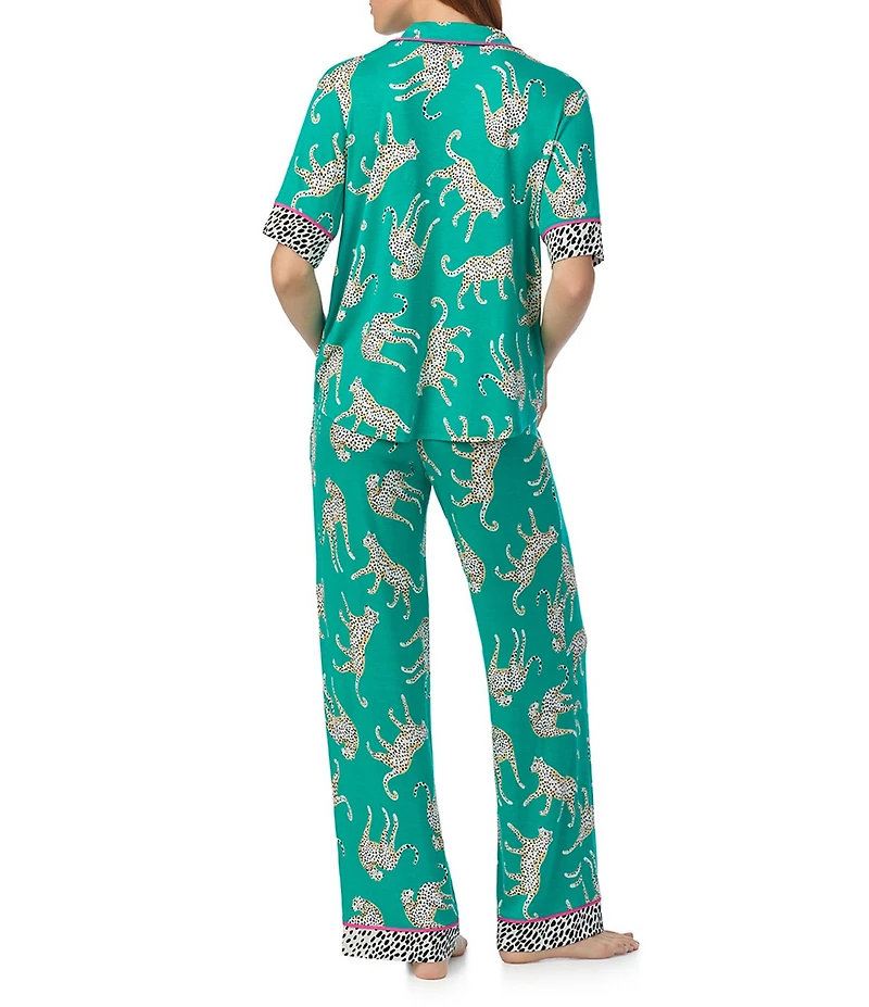 Room Service Cheetah Print Short Sleeve Notch Collar Knit Pajama Set