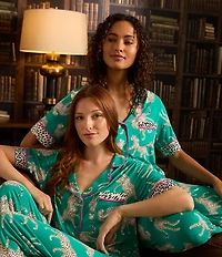 Room Service Cheetah Print Short Sleeve Notch Collar Knit Pajama Set